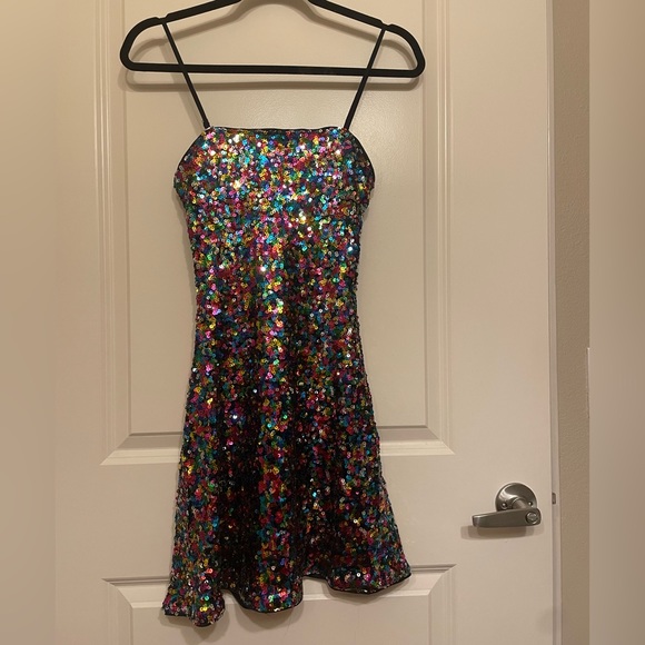 Lulus Spotlight Shimmer Black Multi Sequin Mini Skater Dress multicolor - Picture 4 of 10